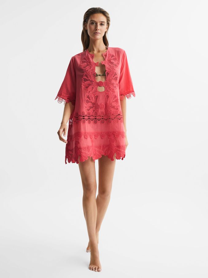 Embroidered Kaftan in Coral (D76852) | US$95