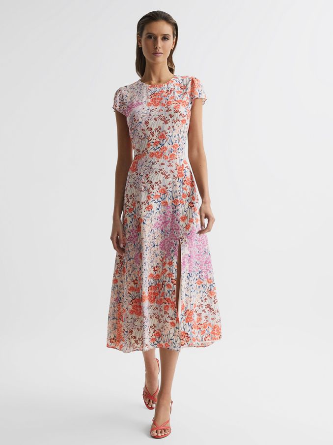 Floral Print Cap Sleeve Dress in Coral/White (D79052) | €84