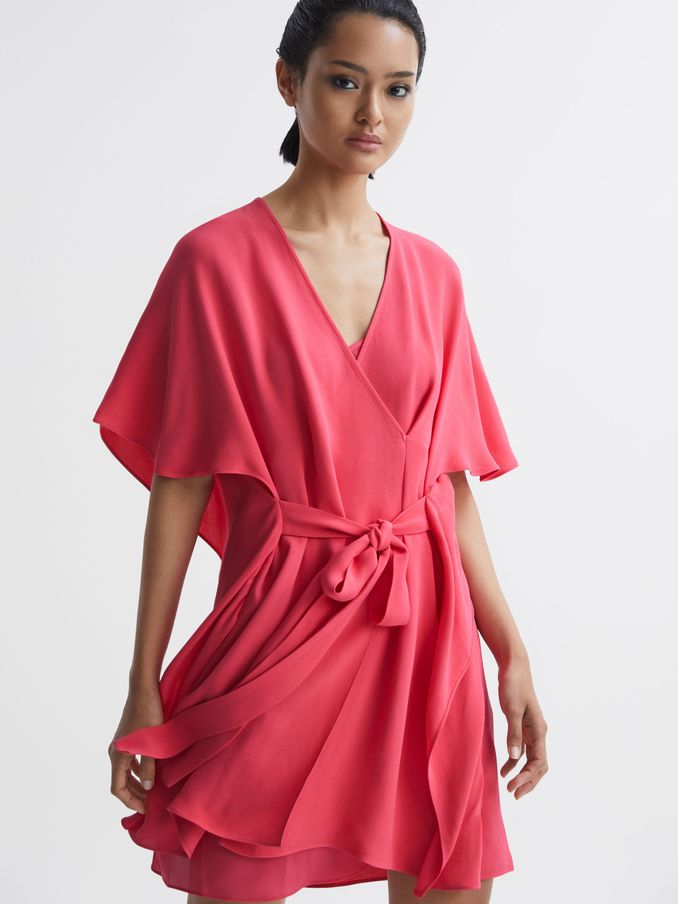 Relaxed Fit Wrap Mini Dress in Pink (D81091) | US$91