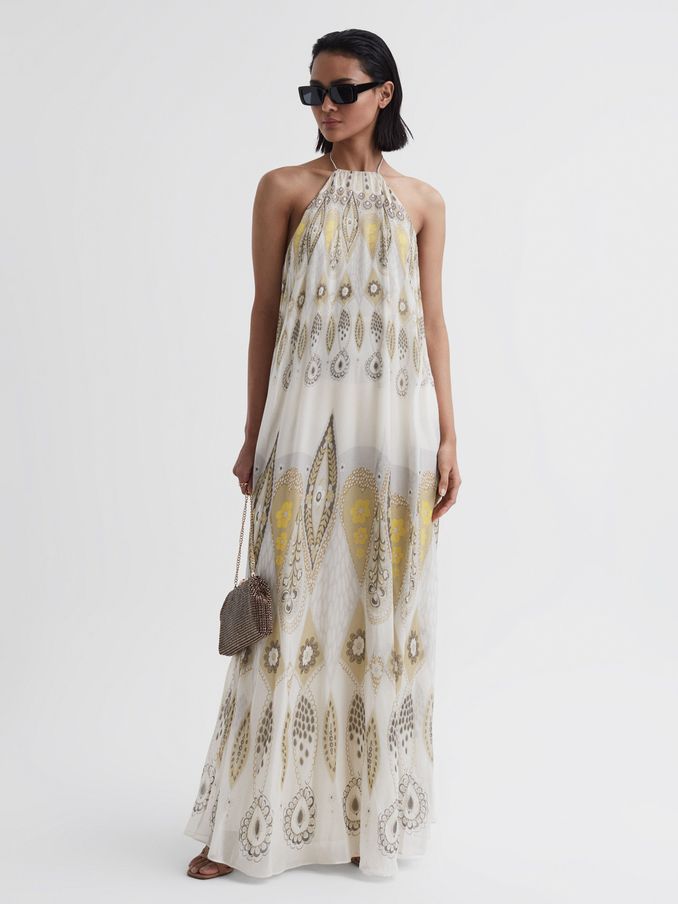 Printed Halter Neck Maxi Dress in Yellow (D85819) | US$162