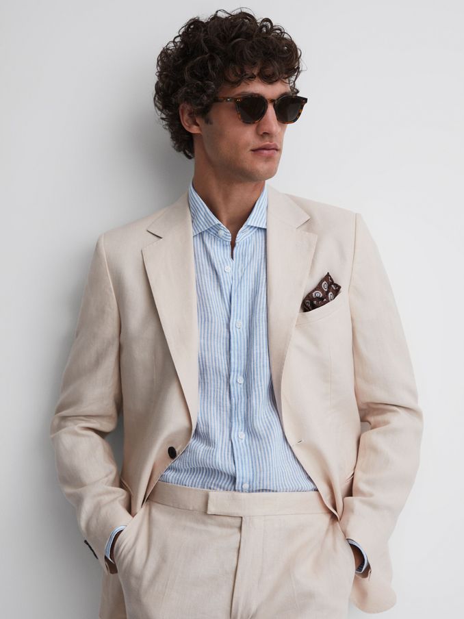 Single-Breasted Linen Suit Blazer Slim Fit in Stone (D87092) | US$545
