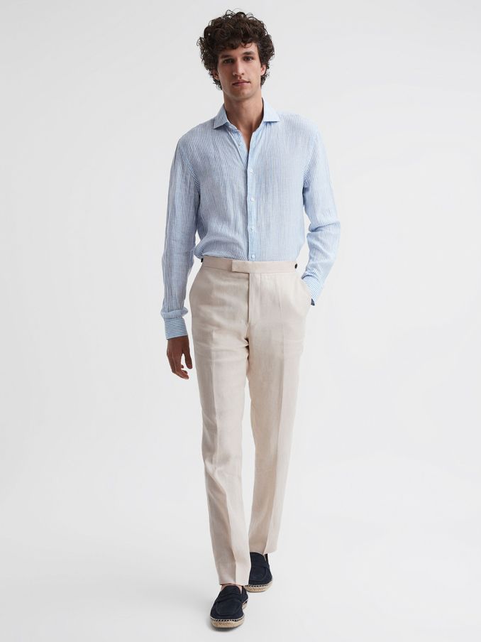 Slim Fit Linen Trousers in Stone (D87098) | US$144