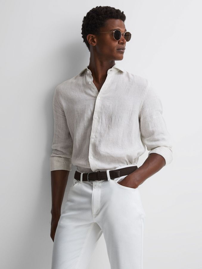 Linen Long Sleeve Shirt in Oatmeal Stripe (D88811) | $47