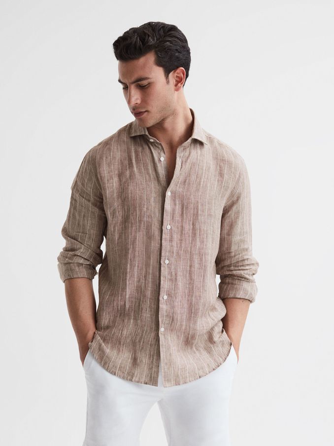 Linen Long Sleeve Shirt in Oatmeal Wide Stripe (D89600) | €79