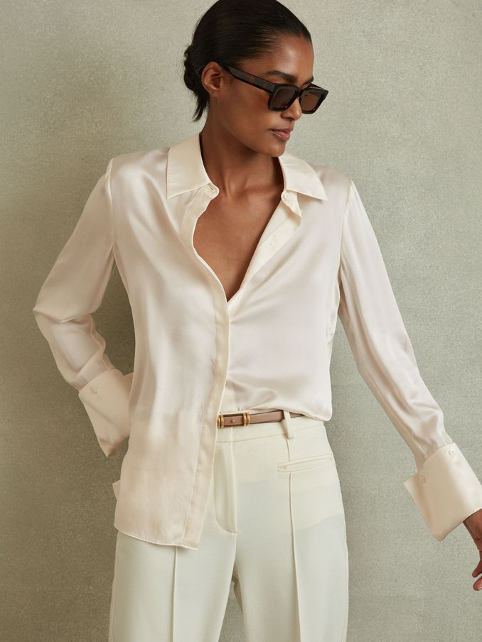 Silk Double-Cuff Button-Through Shirt in Ivory (D89705) | US$330