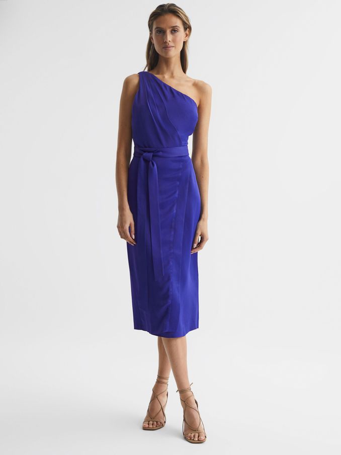 Off-The-Shoulder Satin Midi Dress in Purple (D89710) | $179