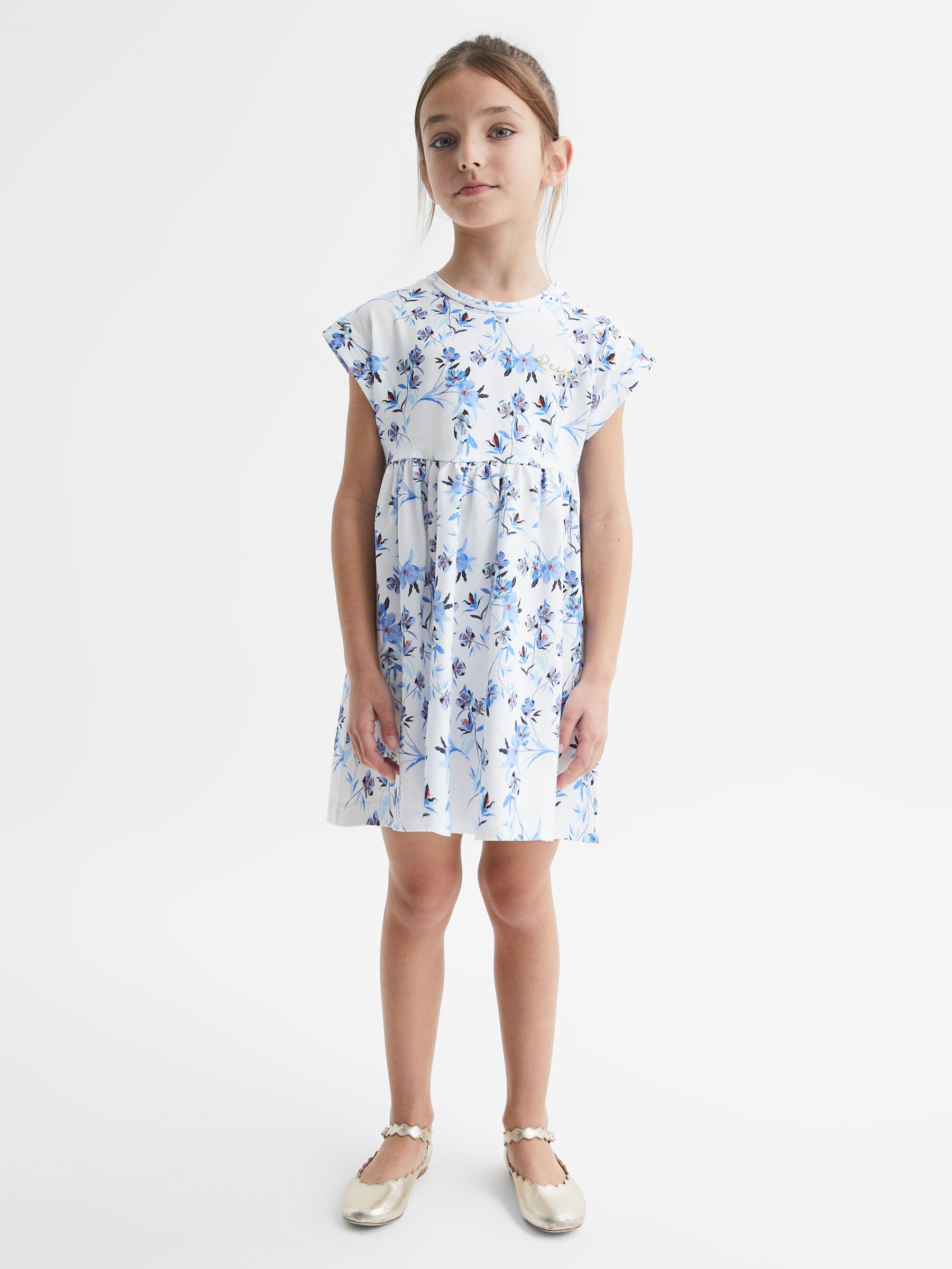 9-12 yrs Floral Print Jersey Dress in Blue Print (D91334) | US$24