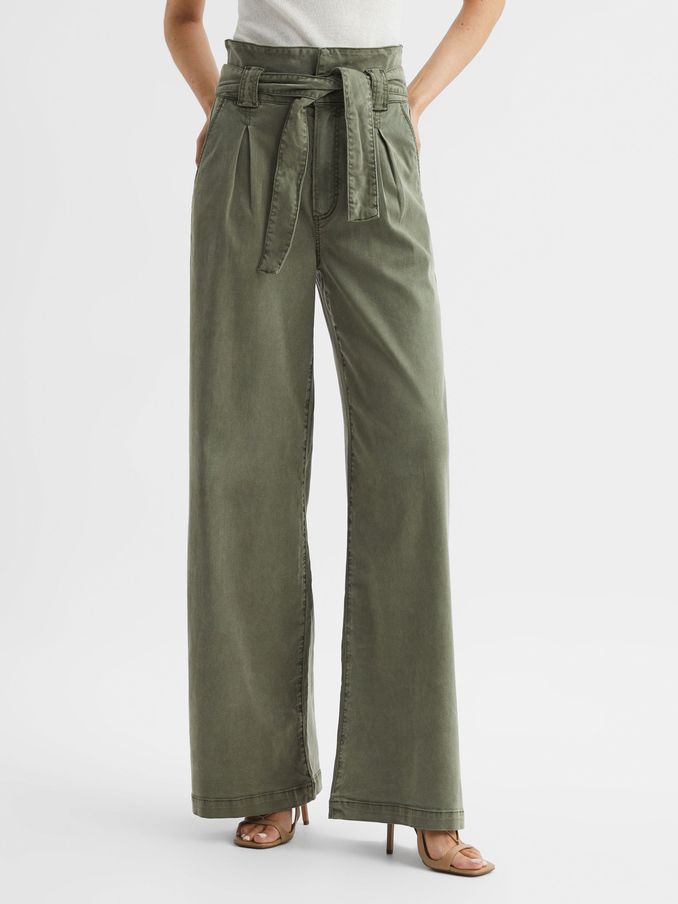 Paige High Rise Paper Bag Trousers in Vintage Ivy Green (D93461) | US$218