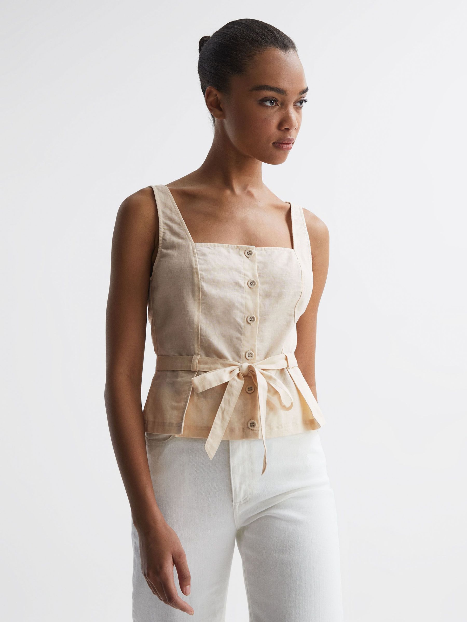 Paige Linen Square Neck Peplum Top in Antique Paper (D95596) | €140