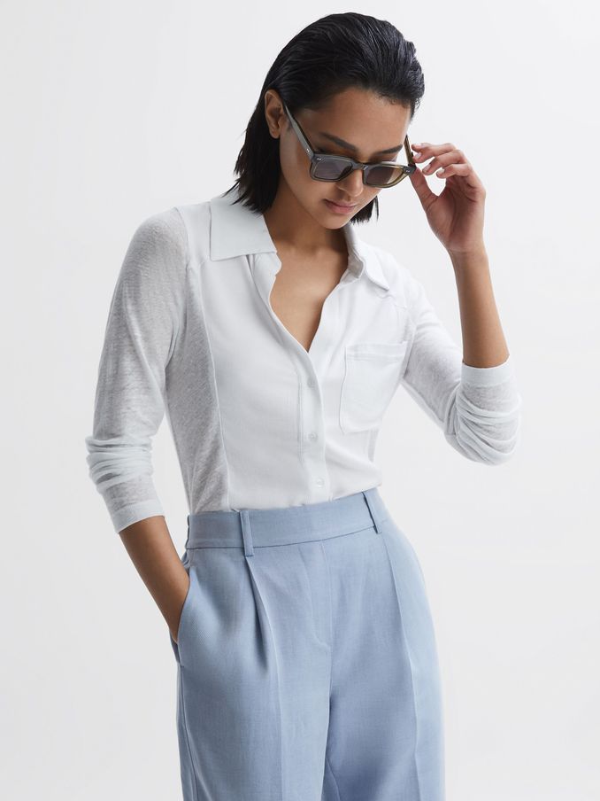 Linen Sheer Button Through Shirt in White (D97807) | CA$74 - CA$93