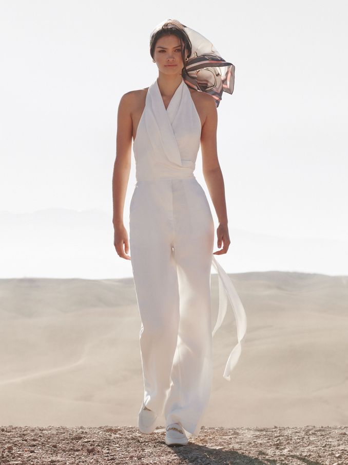 Halter Neck Linen Blend Jumpsuit in White (D97856) | $162