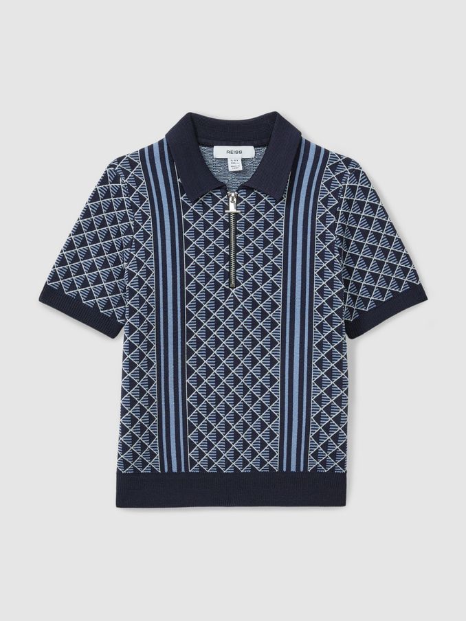 13-14 yrs Diamond Stitch Half-Zip Polo Shirt in Navy/Airforce Blue (E00251) | $33