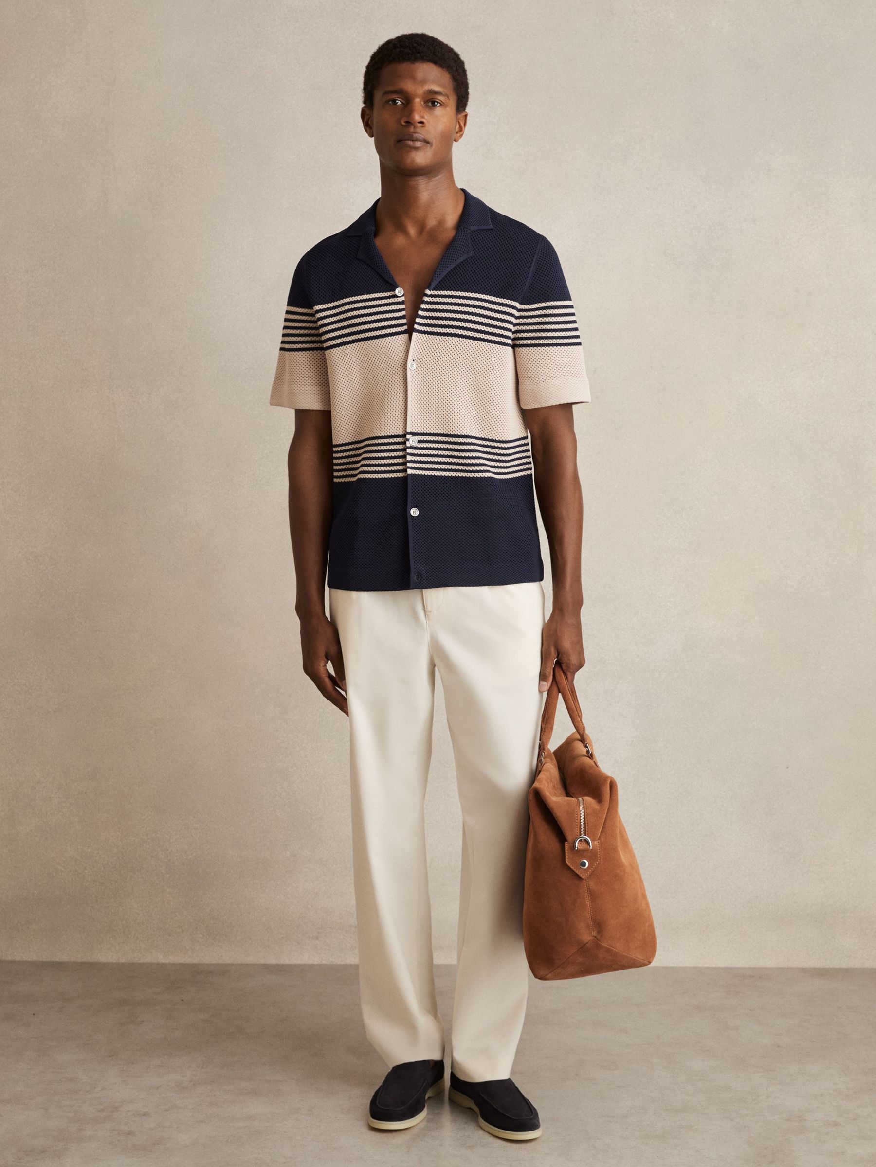 Stripe Textured-Knit Cuban-Collar Shirt in Navy/Stone (E00678) | US$140