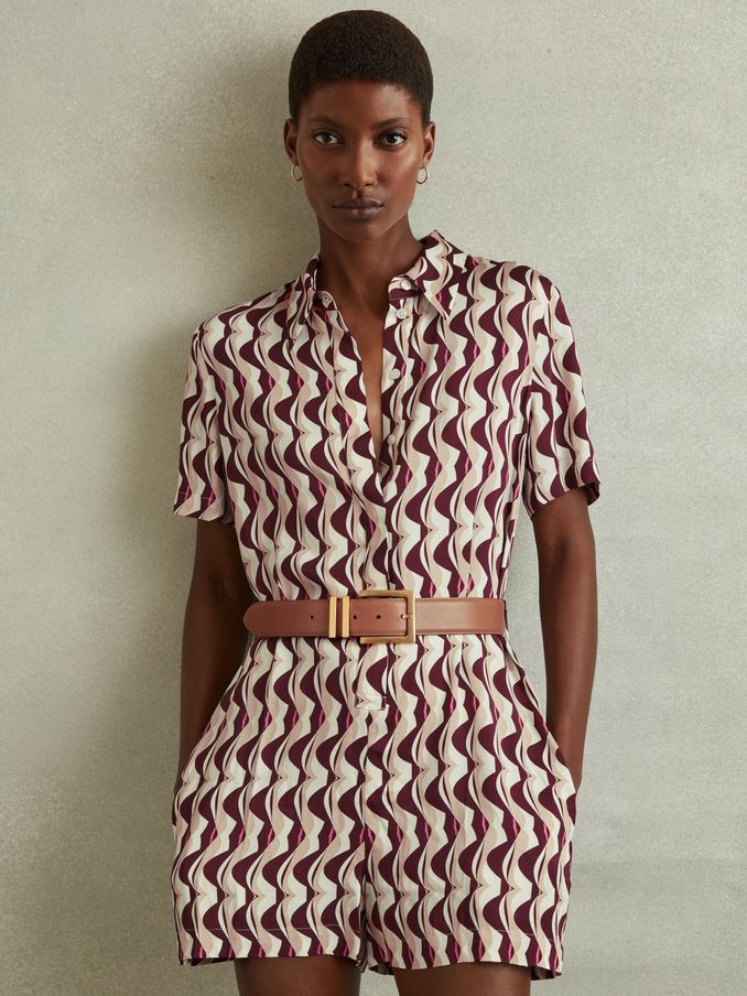 Wave Print Belted Playsuit in Burgundy (E00681) | HK$1,304