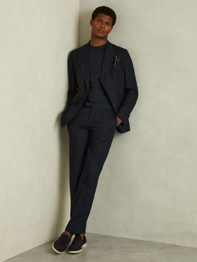 Mercerised Jacquard Crew Neck T-Shirt in Navy (E00684) | 159 SAR