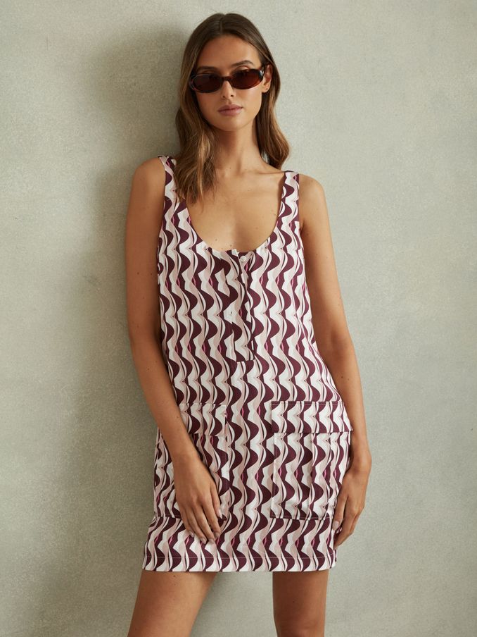 Wave Print Mini Dress in Burgundy (E00687) | 267 SAR