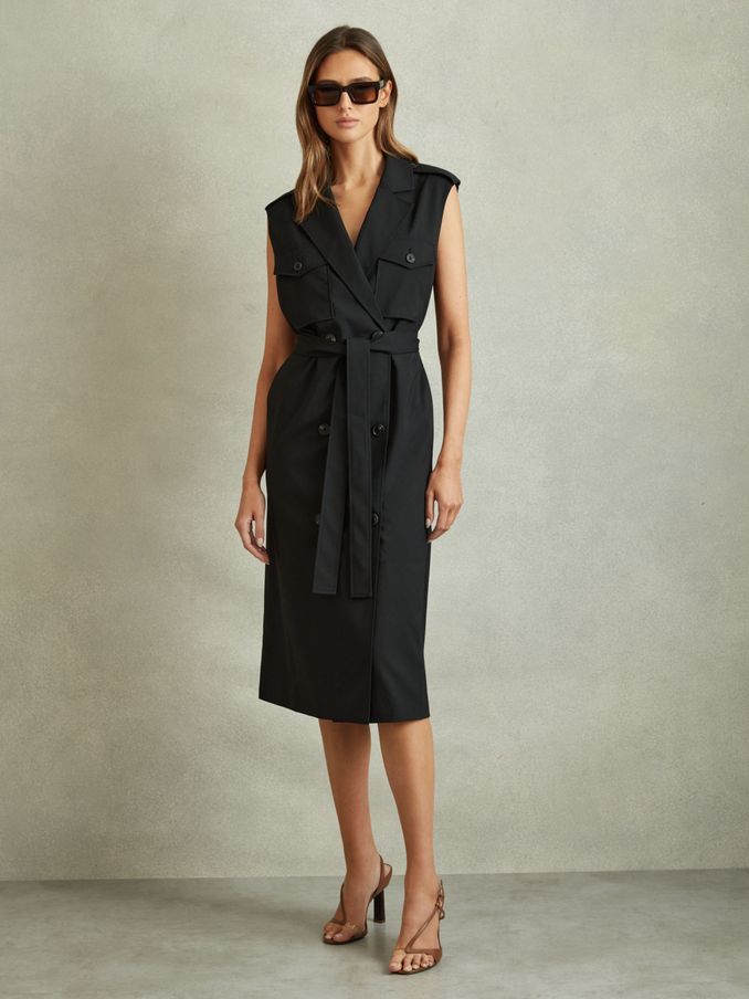 Wool Blend Double Breasted Midi Dress in Black (E00689) | €96