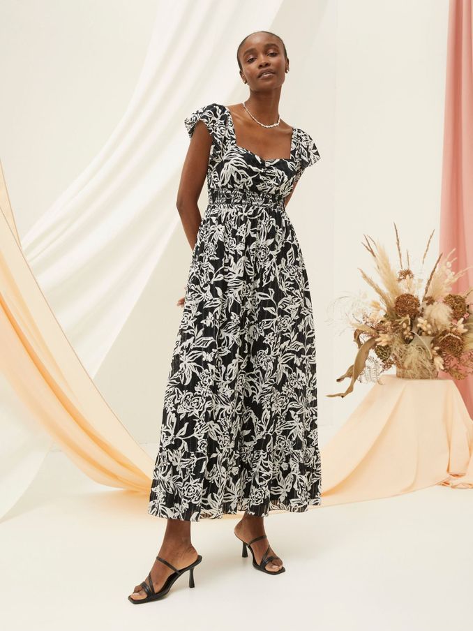 Dahlia Black Botanical Midi Dress (E00748) | €45