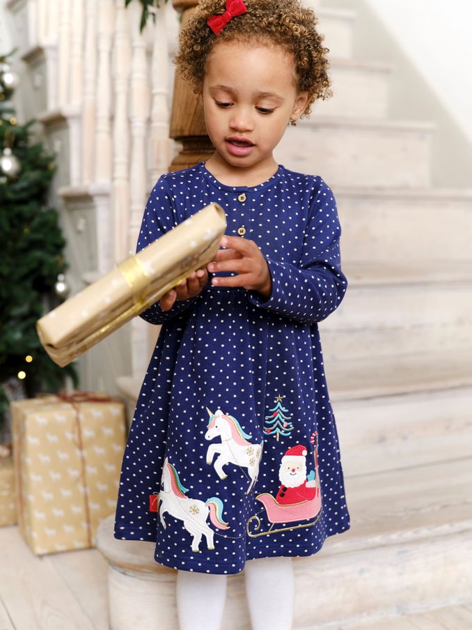 Navy Santa and Unicorn Appliqué Button Front Dress (E01712) | $24