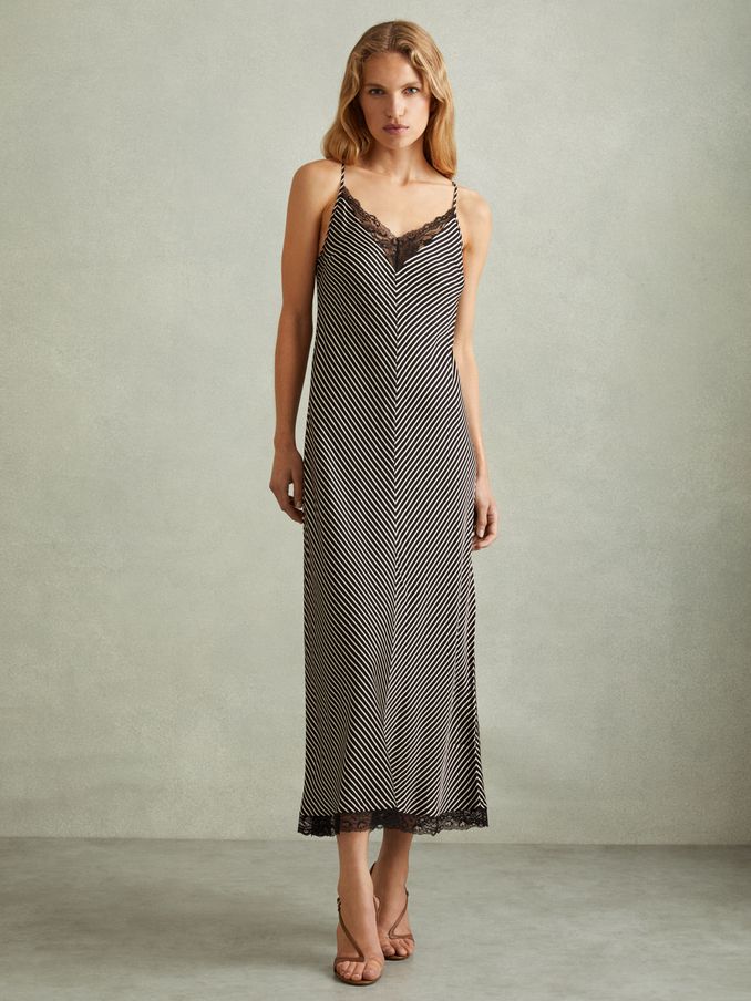 Camilla Black Striped Lace Trim Midi Dress (E02267) | $117