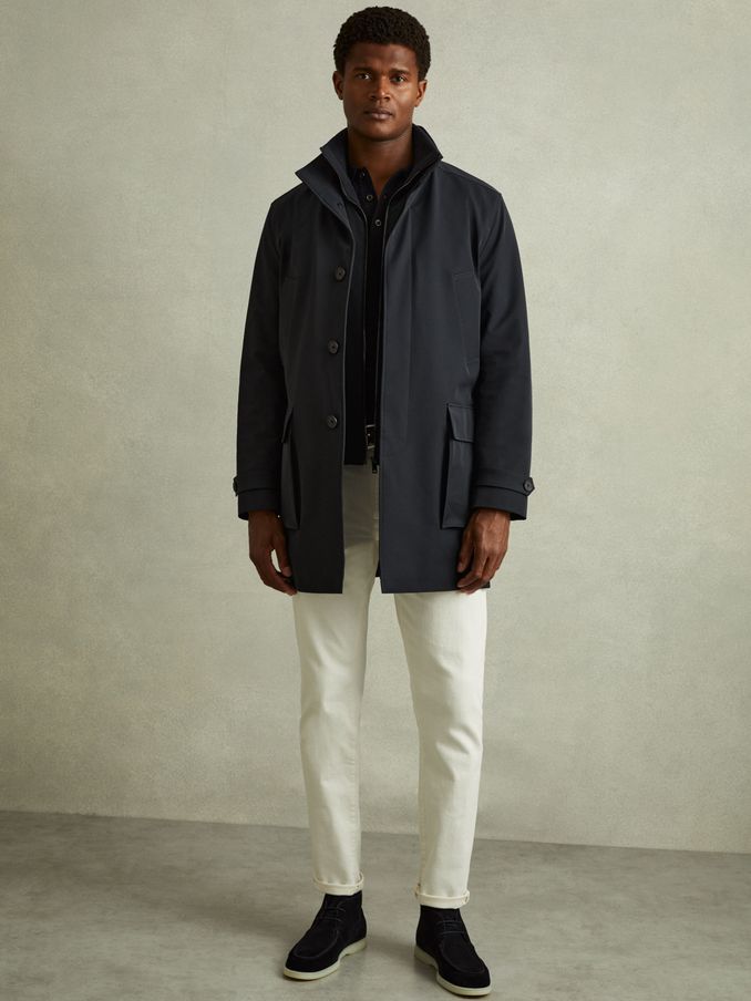 Hybrid Removable Funnel Neck Overcoat in Navy (E02269) | CA$625