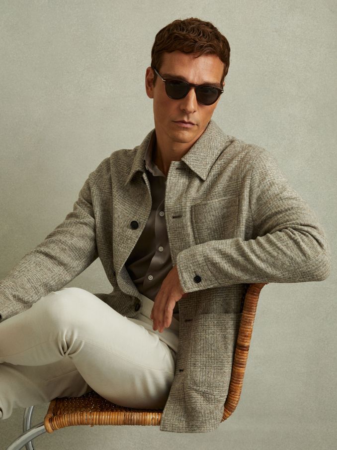 Marble Oatmeal Check Checked Brushed Workwear Jacket (E02270) | US$262