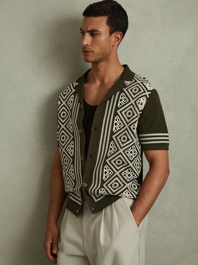 Contrast Embroidered Cuban Collar Shirt in Khaki Green/Off White (E02271) | US$78
