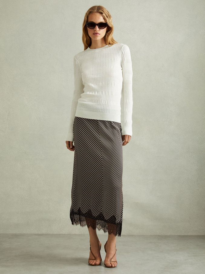 Ivy Black/Ivory Striped Lace Trim Midi Skirt (E02272) | US$71