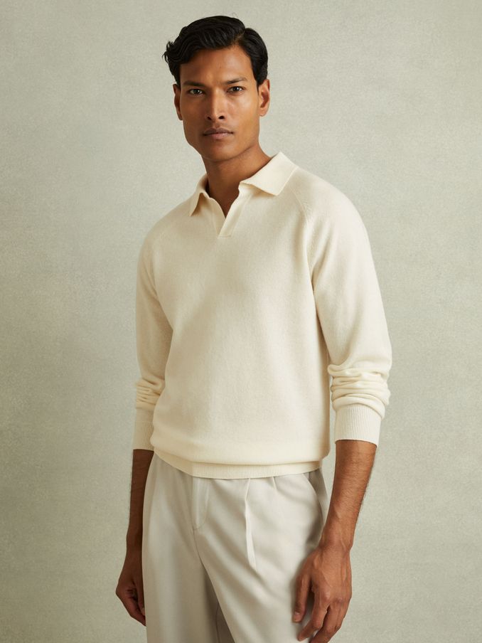 Wool-Cashmere Open-Collar Polo Shirt in Ivory (E02273) | US$114