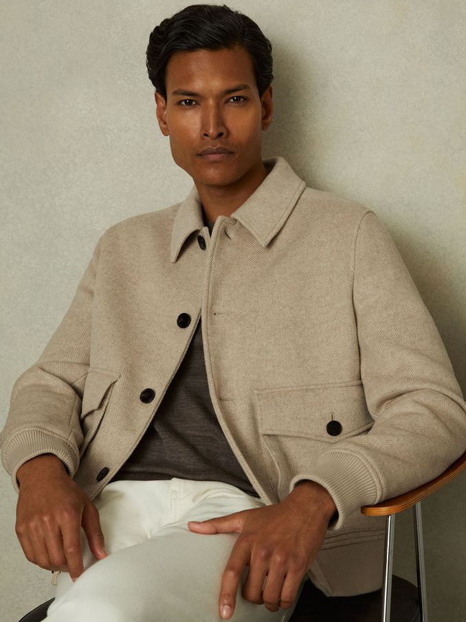 Bak Oatmeal Herringbone Wool Blend Herringbone Jacket (E02275) | US$273
