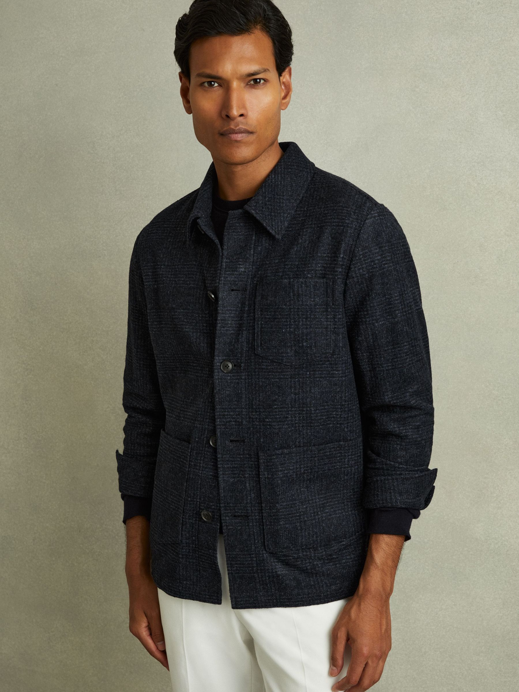 Checked Button Through Worker Jacket in Navy Melange (E02278) | €385