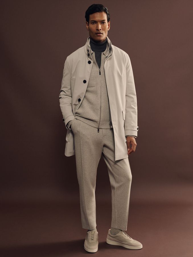 Hybrid Removable Funnel Neck Overcoat in Stone (E02279) | €470
