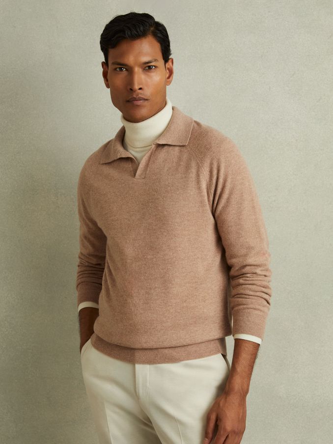 Wool-Cashmere Open-Collar Polo Shirt in Soft Camel (E02281) | €83