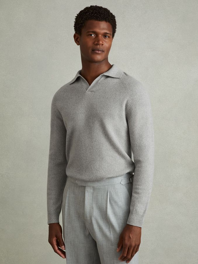 Wool-Cashmere Open-Collar Polo Shirt in Soft Grey Melange (E02283) | €102