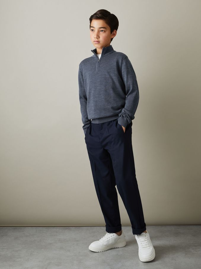 9-13 yrs Merino Wool Half-Zip Funnel Neck Jumper in Dark Airforce Blue Melange (E04231) | US$24