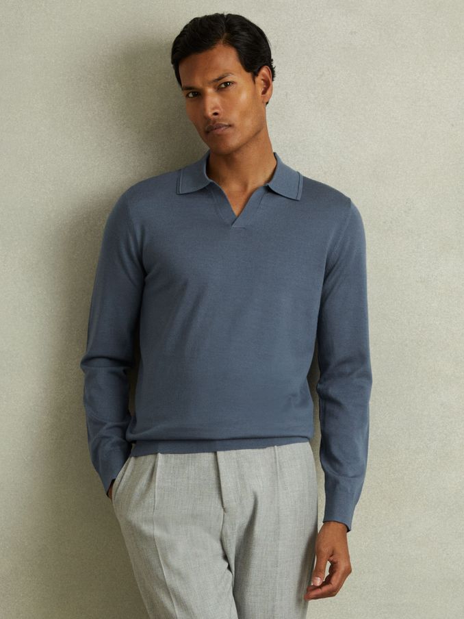 Merino Wool Half-Zip Polo Shirt in Airforce Blue (E04232) | €55