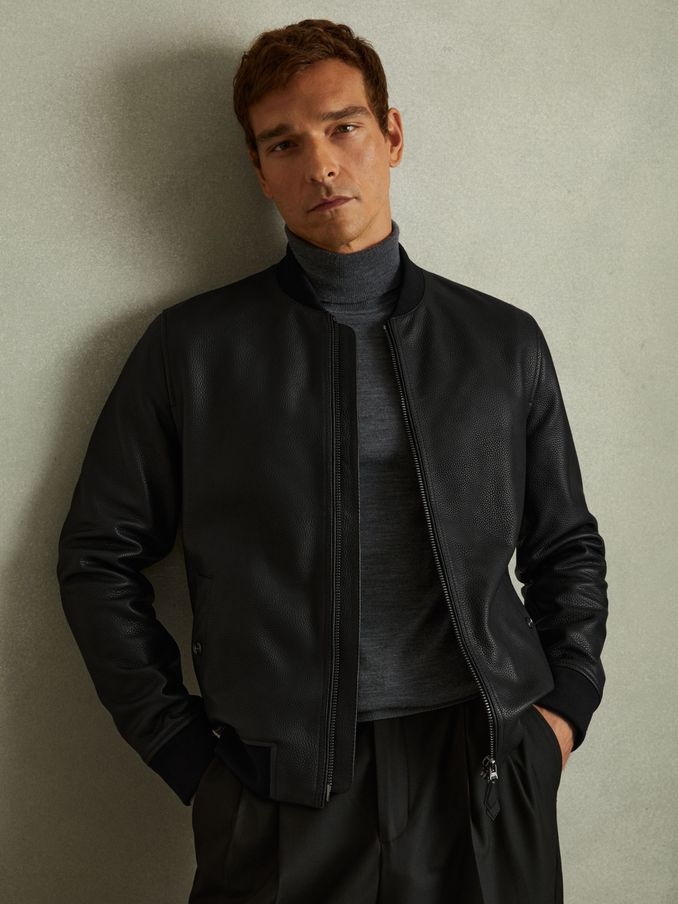 Cast Black Grained Leather Bomber Jacket (E04234) | US$461