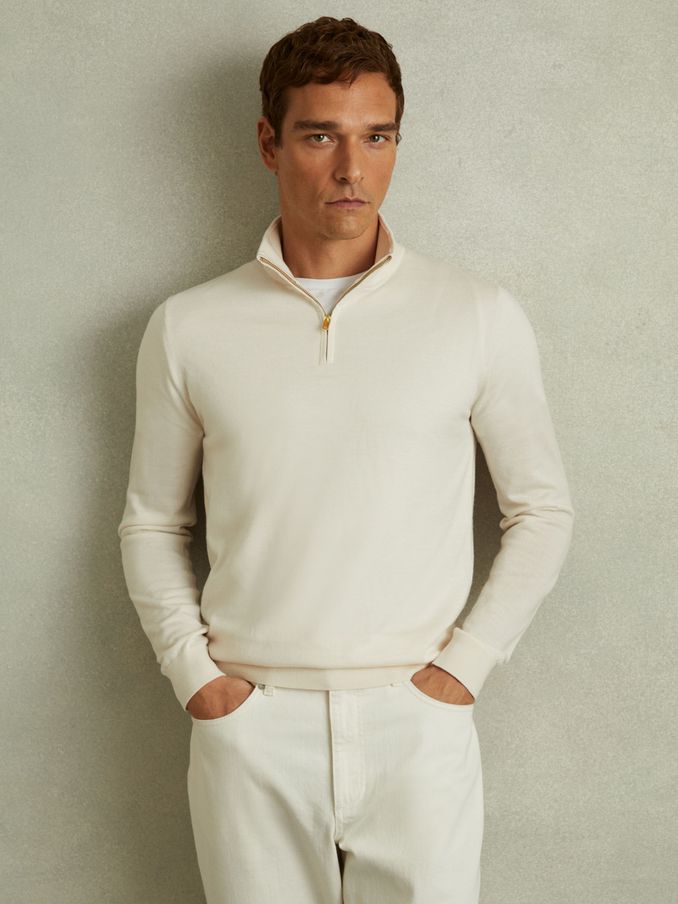 Merino Wool Half-Zip Polo Shirt in Snow (E04236) | US$96