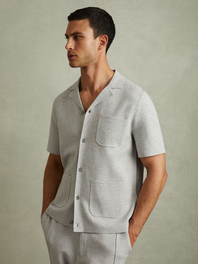 Monk Soft Grey Melange Knitted Cuban Collar Shirt (E04237) | €97