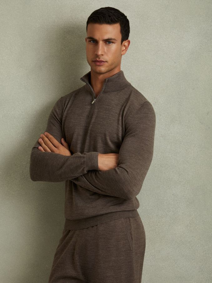 Merino Wool Half-Zip Polo Shirt in Dark Brown Melange (E04241) | US$96