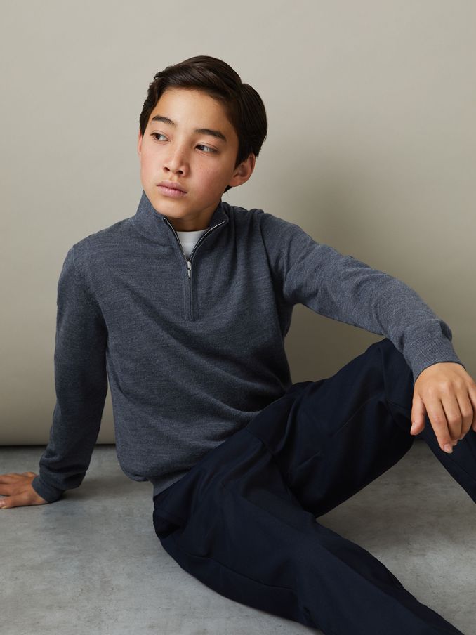 3-9 yrs Merino Wool Half-Zip Funnel Neck Jumper in Dark Airforce Blue Melange (E04244) | US$31