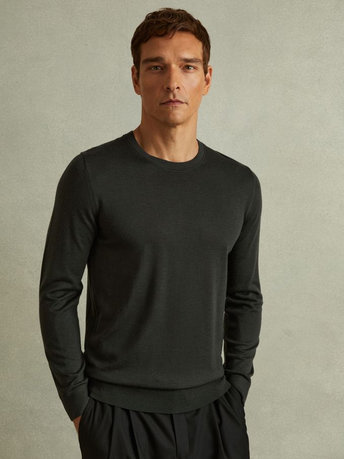 Merino Wool Crew Neck Jumper in Dark Military Green (E04248) | US$87