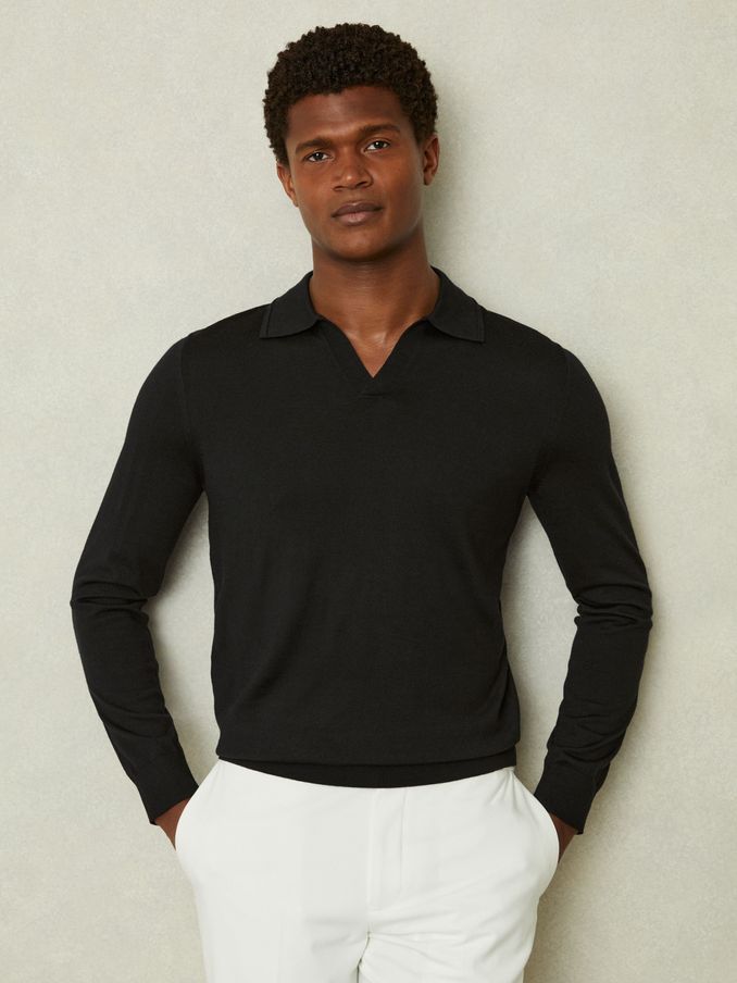 Merino Wool Half-Zip Polo Shirt in Black (E04254) | €84