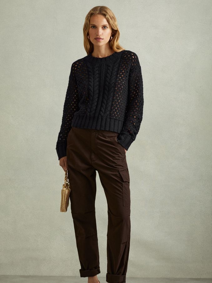 Cable Knit Jumper with Wool and Cashmere in Navy (E04260) | US$56