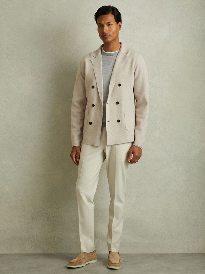 Knitted Double Breasted Blazer in Oatmeal Melange (E04272) | €112