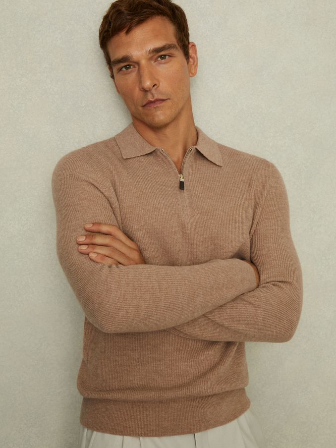 Wool Half-Zip Polo Shirt in Camel (E04275) | €112