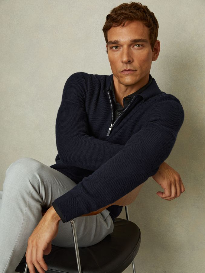 Wool Half-Zip Polo Shirt in Navy Blue (E04278) | €102