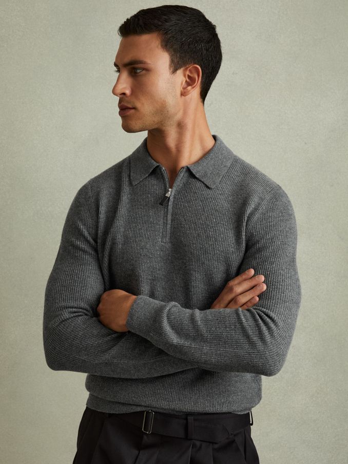 Wool Half-Zip Polo Shirt in Grey Melange (E04281) | €102