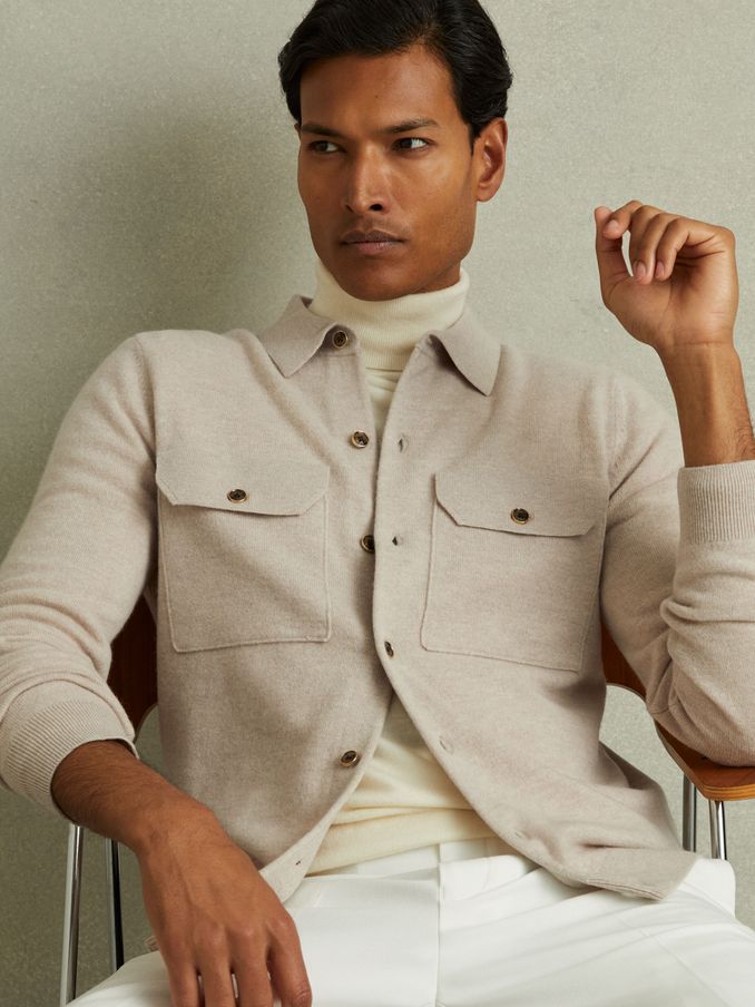 Merino Wool Button-Front Cardigan in Oatmeal (E04283) | US$114