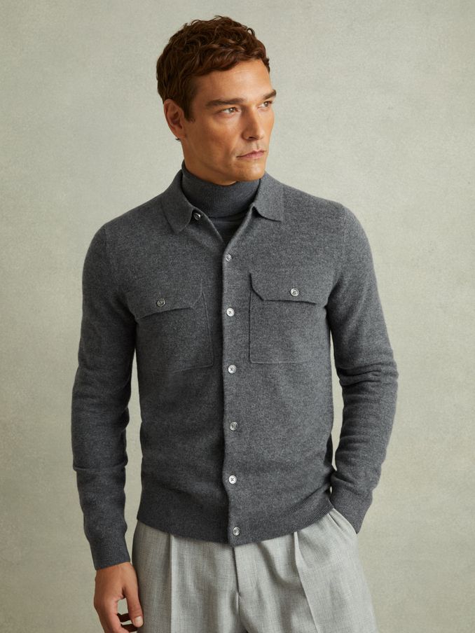 Merino Wool Button-Front Cardigan in Grey Melange (E04284) | €153